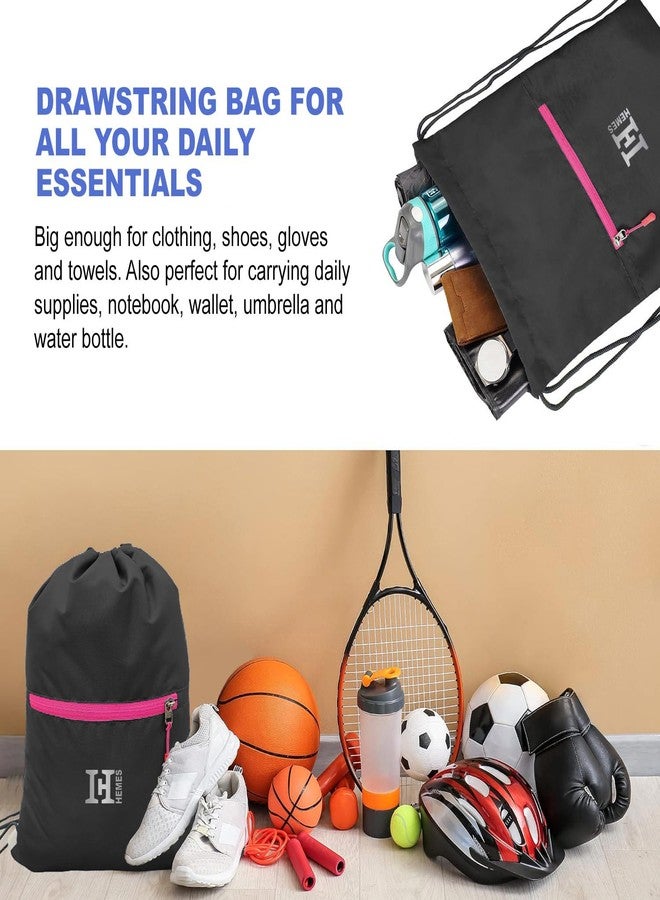 H-HEMES Drawstring Backpack Small Bag Gym Bag for Women & Men With Front Zipper Pocket 12L Dori Bag (Black & Pink) - Image 3